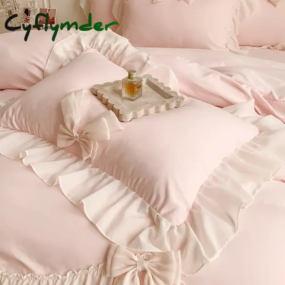 Cyflymder Chiffon Lace Bedding Set Pink France Romantic Princess Wedding Ruffles Bow Soft Duvet Cover Bed Sheet