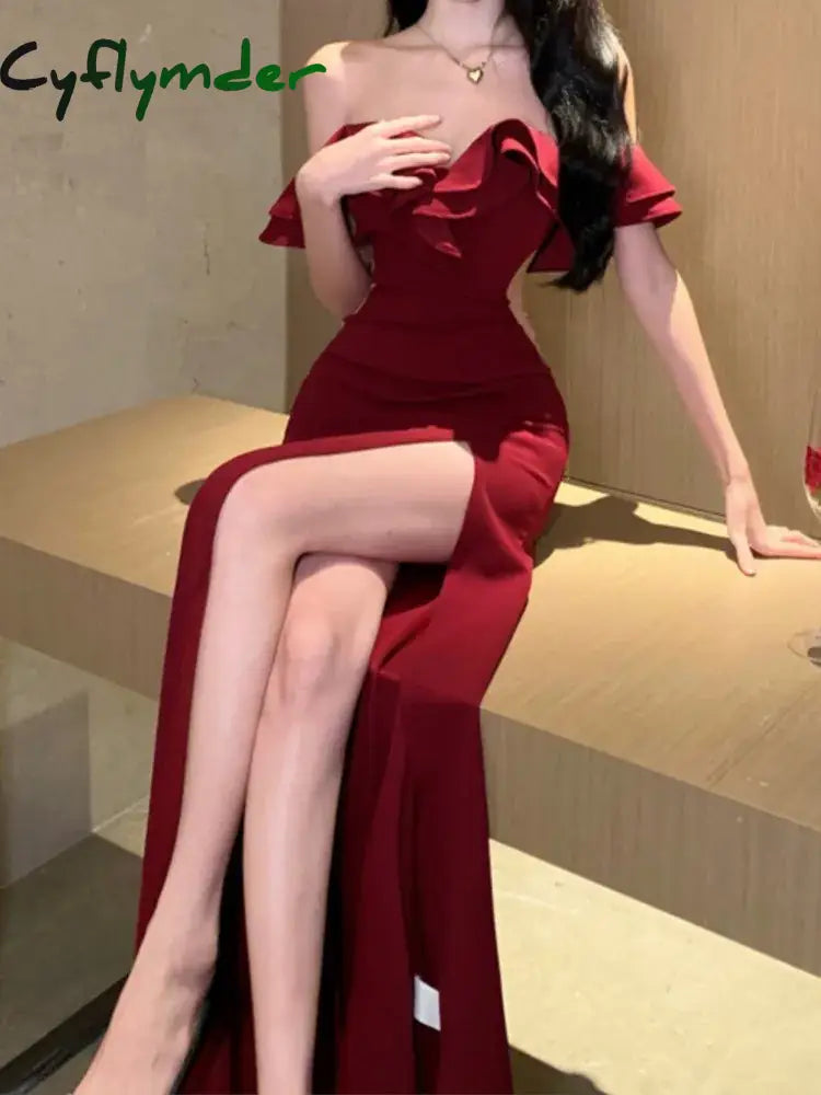 Cyflymder Christmas DRESS TO IMPRESS Sexy Bodycon Long Dresses for Women Wedding Evening Party Prom Robe Ruffles Slash