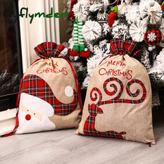 Cyflymder Christmas Large Candy Gift Big Bag Cute Linen Tote Lattice Side Drawstring Pocket For