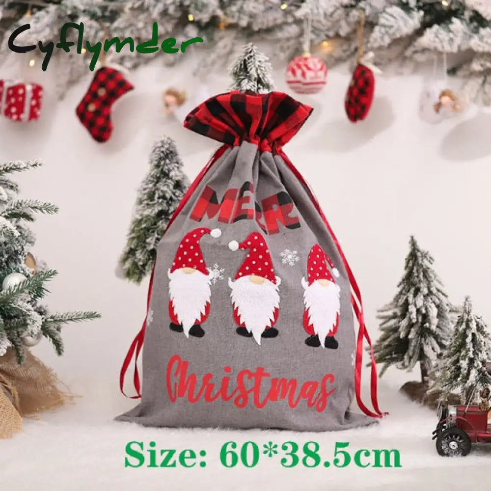 Cyflymder Christmas Large Candy Gift Big Bag Cute Linen Tote Lattice Side Drawstring Pocket For