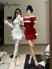 Cyflymder Christmas Outfit Winter Bodycon Knitted Mini Dress Women Casual Long Sleeve Sweet Elegant