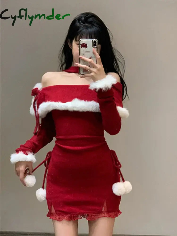 Cyflymder Christmas Outfit Winter Bodycon Knitted Mini Dress Women Casual Long Sleeve Sweet Elegant