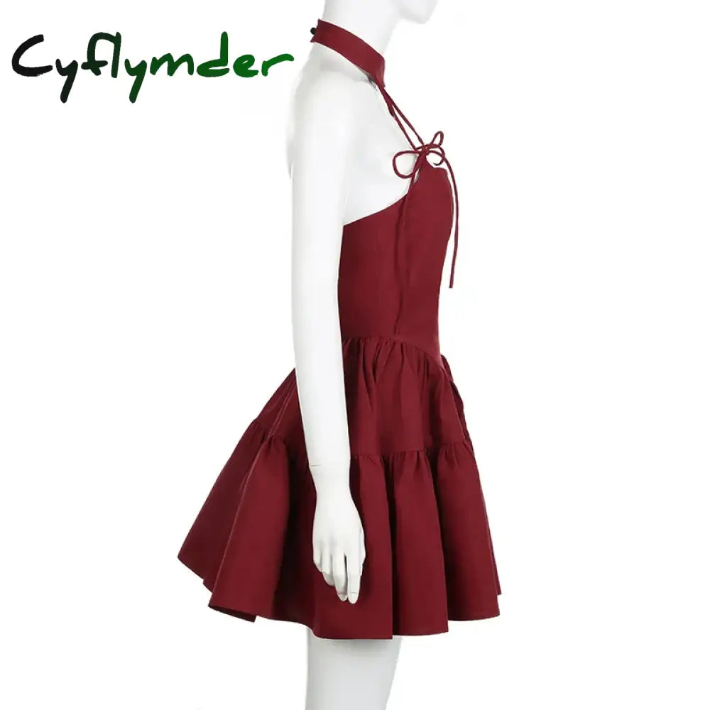 Cyflymder Christmas Party A-line Sleeveless Dress Red Black Kawaii Bow Halter Ball Gown Princess Dresses Kawaii Lolita