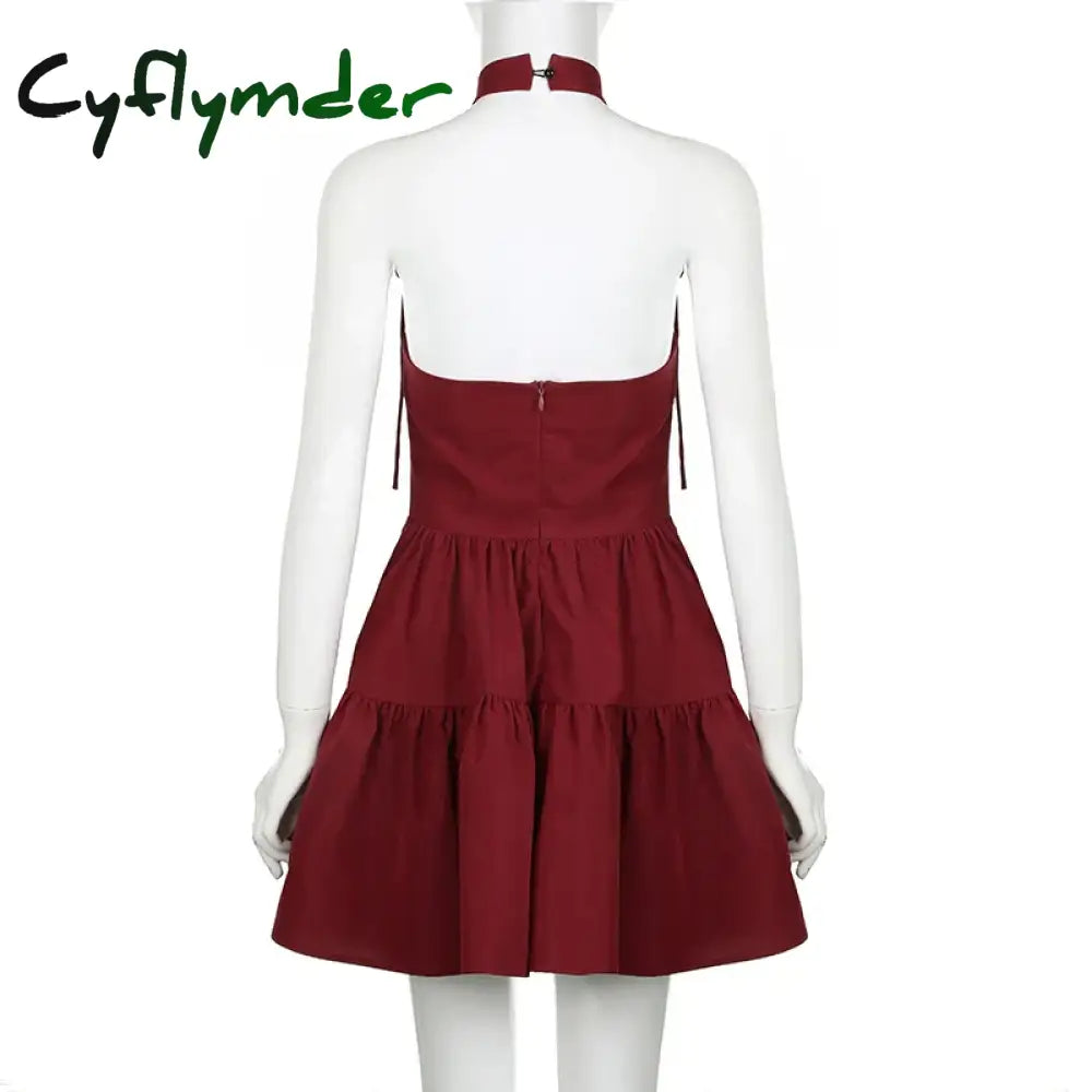 Cyflymder Christmas Party A-line Sleeveless Dress Red Black Kawaii Bow Halter Ball Gown Princess Dresses Kawaii Lolita