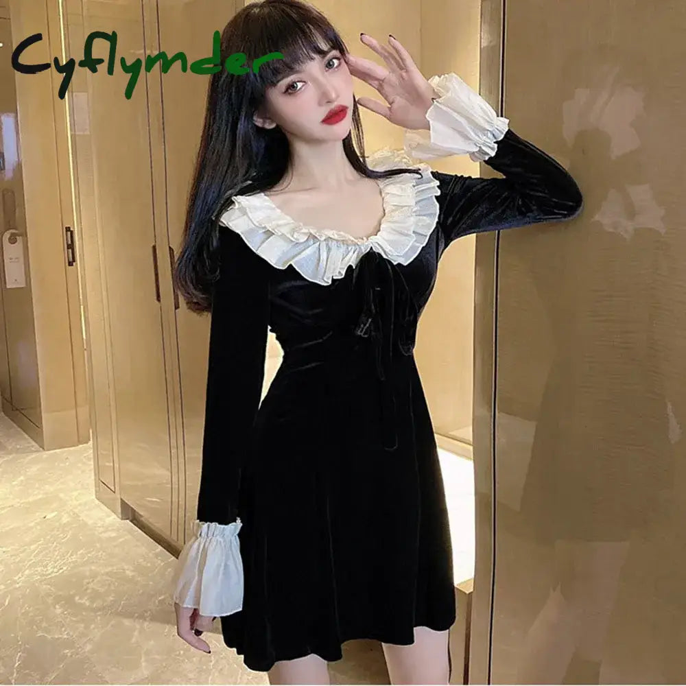 Cyflymder Christmas Red Dress Woman Autumn French Ruffle Velvet Splice Dress Ladies Flared Sleeve Bow Slim Party Mini