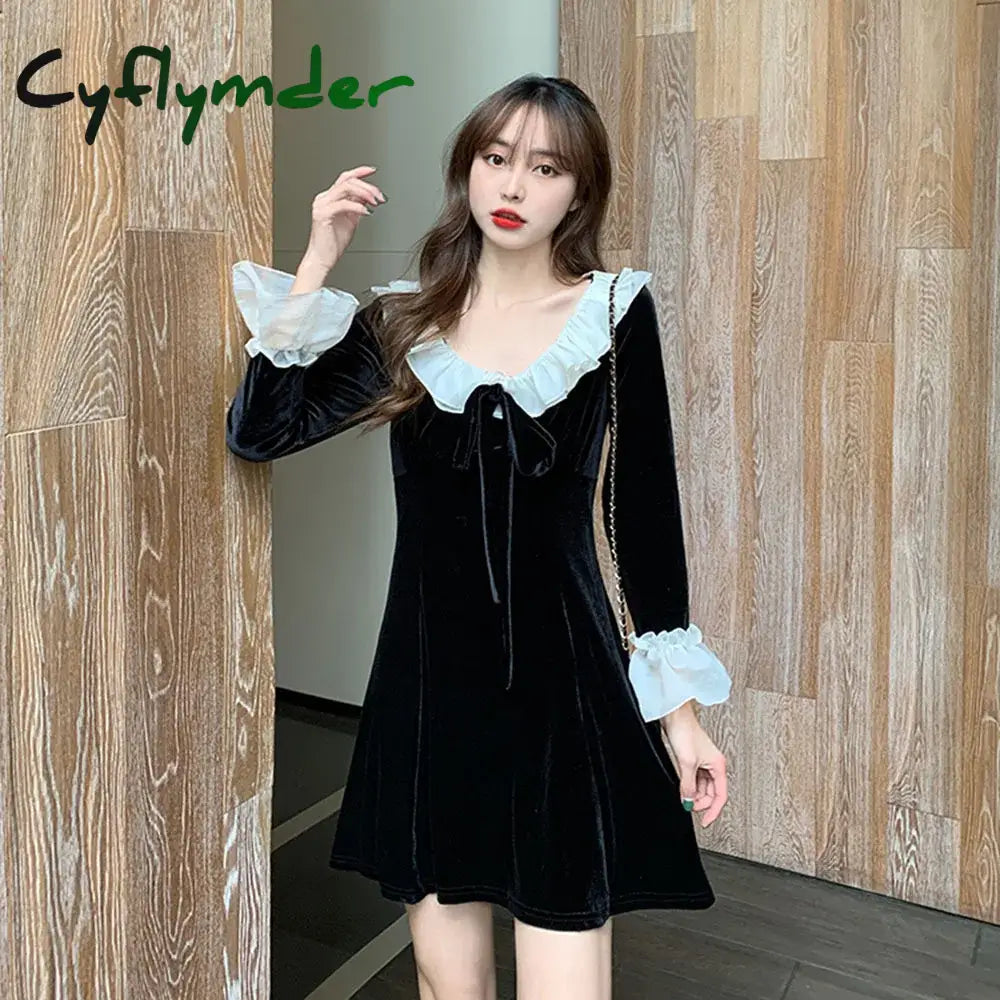 Cyflymder Christmas Red Dress Woman Autumn French Ruffle Velvet Splice Dress Ladies Flared Sleeve Bow Slim Party Mini