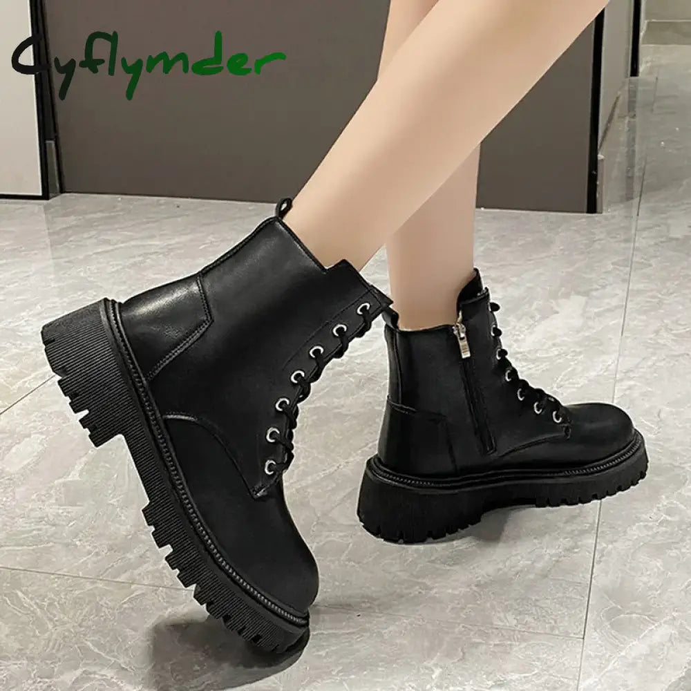 Cyflymder Chunky Heels Lace Up Combat Boots Women Winter Warm Short Plush Ankle Boots Woman Platform Non-Slip PU