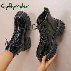 Cyflymder Chunky Platform Combat Boots for Women Fashion Black Patent Leather Ankle Boots Woman Thick Sole Non Slip