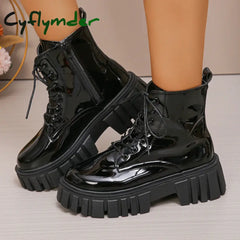 Cyflymder Chunky Platform Combat Boots for Women Fashion Black Patent Leather Ankle Boots Woman Thick Sole Non Slip