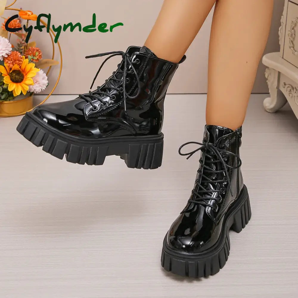 Cyflymder Chunky Platform Combat Boots for Women Fashion Black Patent Leather Ankle Boots Woman Thick Sole Non Slip