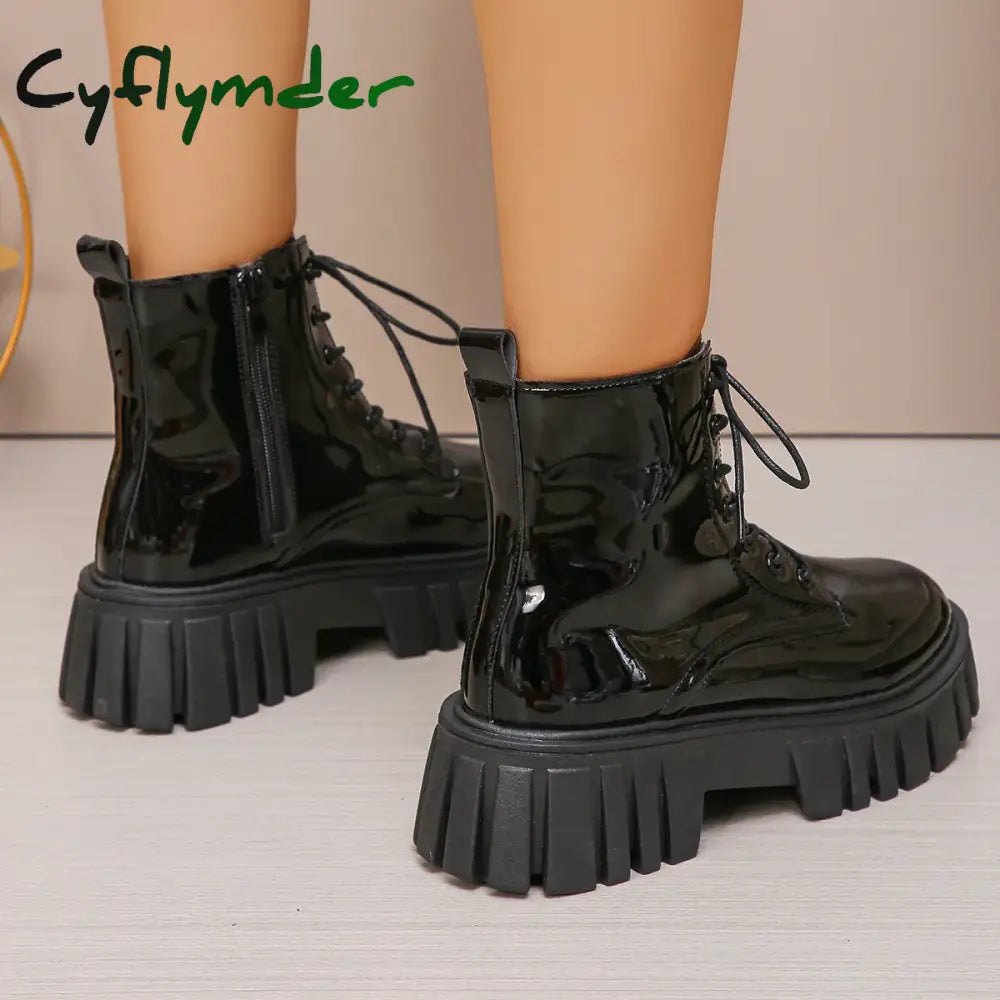 Cyflymder Chunky Platform Combat Boots for Women Fashion Black Patent Leather Ankle Boots Woman Thick Sole Non Slip