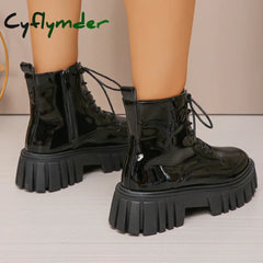 Cyflymder Chunky Platform Combat Boots for Women Fashion Black Patent Leather Ankle Boots Woman Thick Sole Non Slip