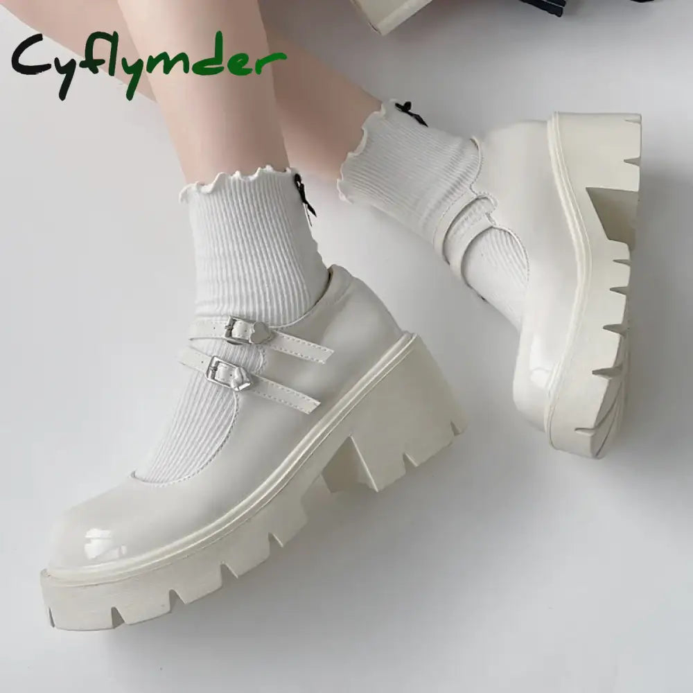 Cyflymder Chunky Platform Mary Jane Shoes Women Heart Buckle Strap Thick Heels Pumps Woman Black