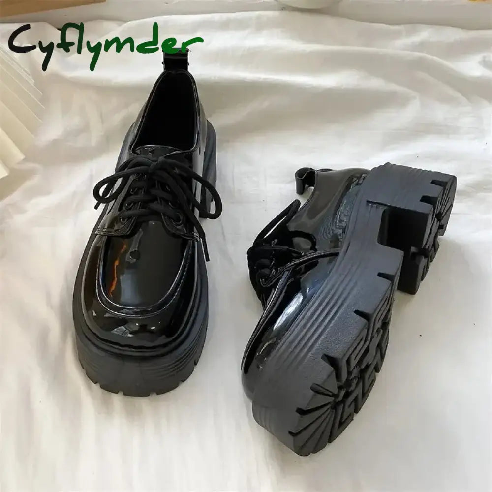 Cyflymder Chunky Platform Oxfords Shoes for Women spring Non Slip Lace Up Flats Woman Thick Bottom Patent Leather