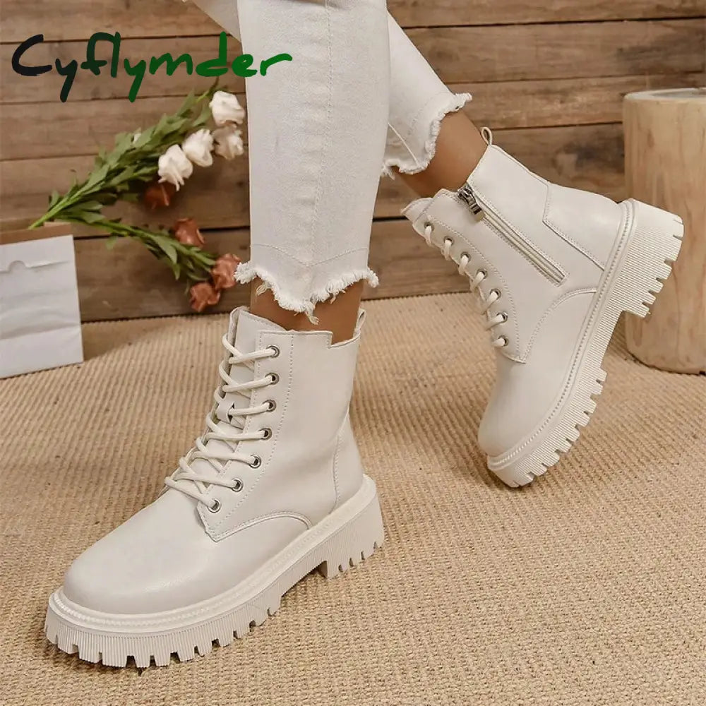 Cyflymder Classics Beige Black Lace Up Ankle Boots Women’s Thicken Plush Winter Boots Pu Leather Side Zipper Square