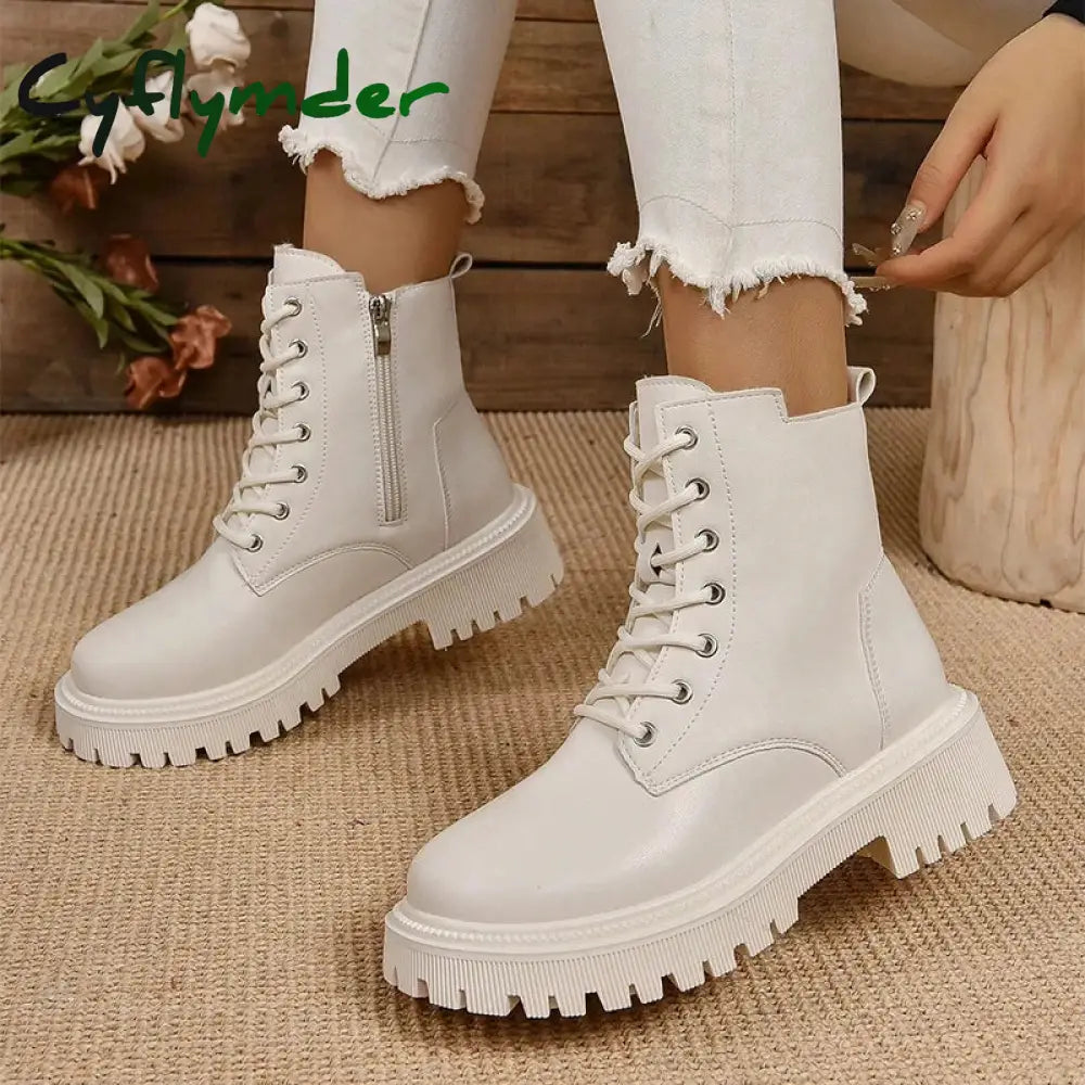 Cyflymder Classics Beige Black Lace Up Ankle Boots Women’s Thicken Plush Winter Boots Pu Leather Side Zipper Square