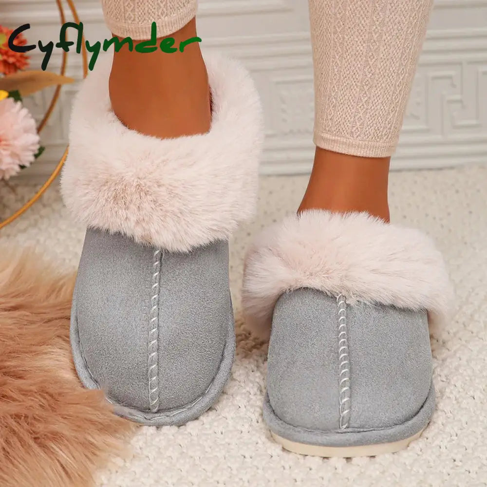 Cyflymder Closed Toe Warm Cotton Slippers Women Faux Fur Thicken Plush Winter Home Shoes Woman Lightweight Casual