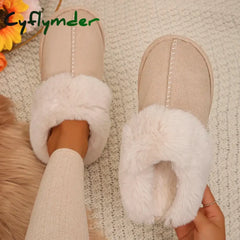 Cyflymder Closed Toe Warm Cotton Slippers Women Faux Fur Thicken Plush Winter Home Shoes Woman Lightweight Casual