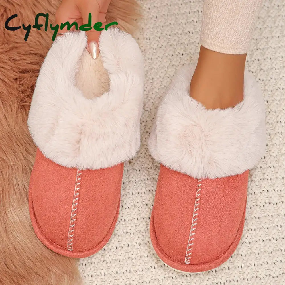 Cyflymder Closed Toe Warm Cotton Slippers Women Faux Fur Thicken Plush Winter Home Shoes Woman Lightweight Casual