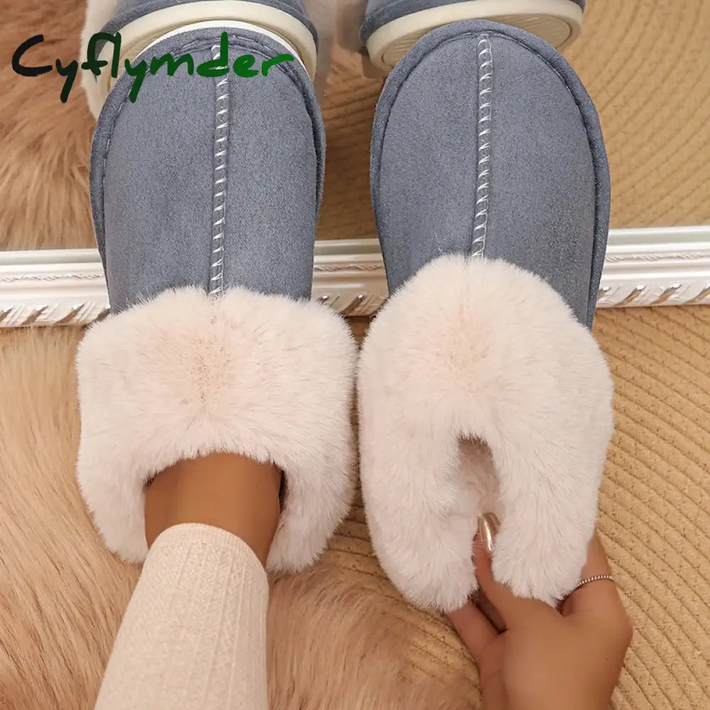 Cyflymder Closed Toe Warm Cotton Slippers Women Faux Fur Thicken Plush Winter Home Shoes Woman Lightweight Casual