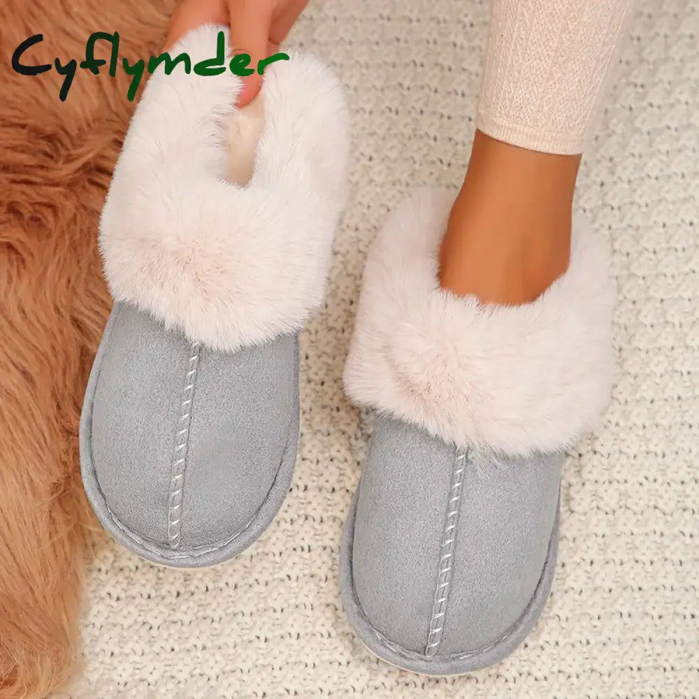 Cyflymder Closed Toe Warm Cotton Slippers Women Faux Fur Thicken Plush Winter Home Shoes Woman Lightweight Casual