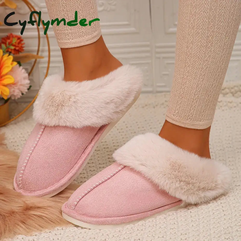 Cyflymder Closed Toe Warm Cotton Slippers Women Faux Fur Thicken Plush Winter Home Shoes Woman Lightweight Casual