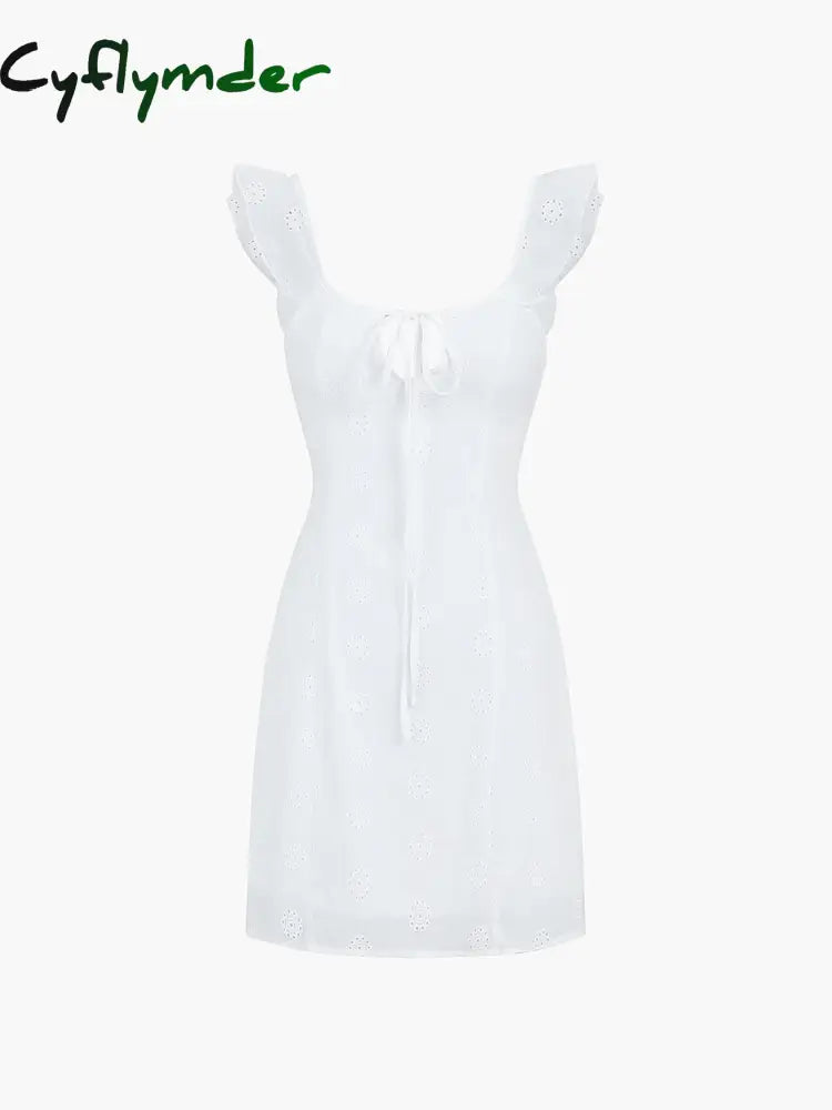 Cyflymder - Coastal Cowgirl Eyelet Zippered Tied Front Short Dress White / Xs Dresses