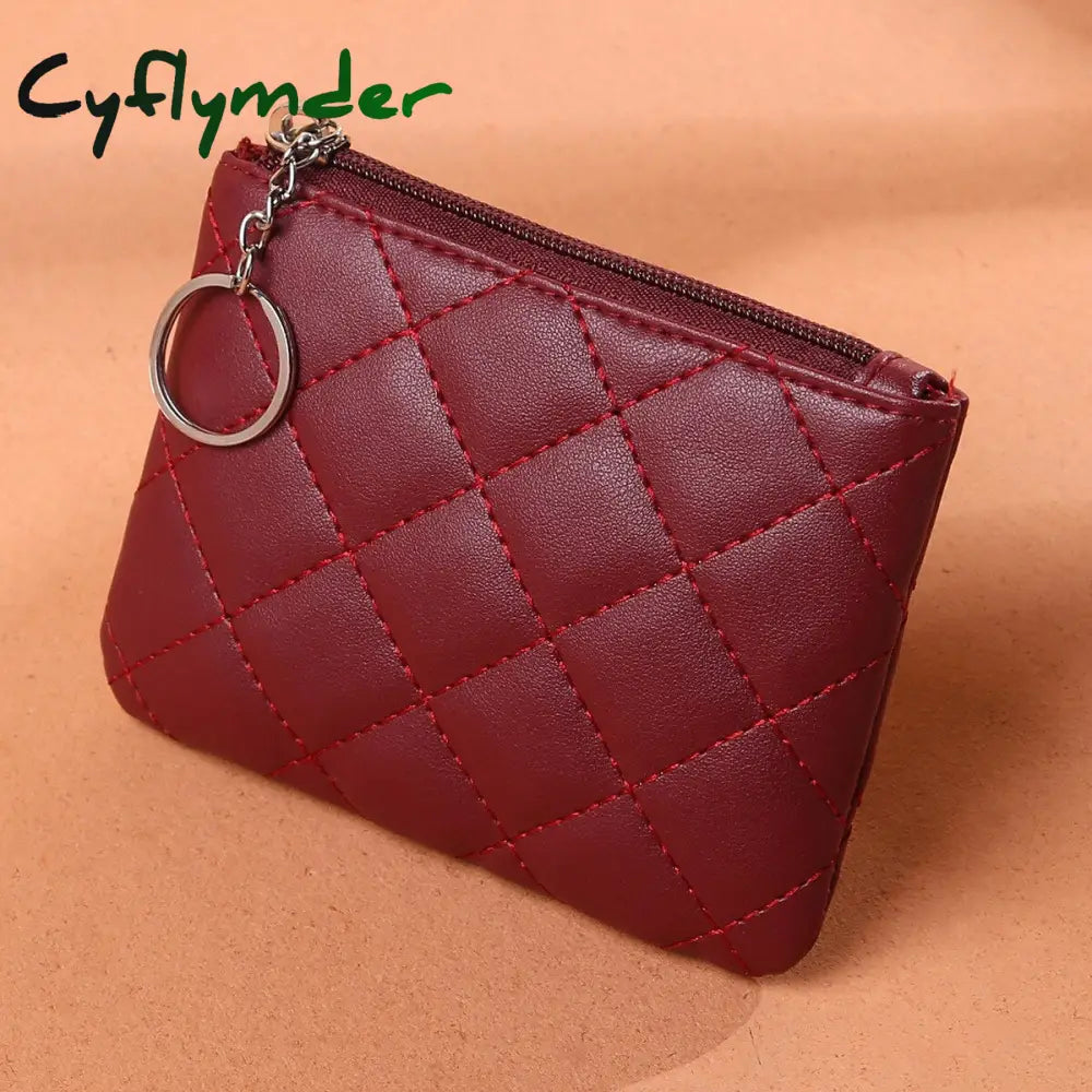 Cyflymder Coin Purse Women Lingge Embroidered Pu Short Mini Zipper Small Wallet Solid Color Card