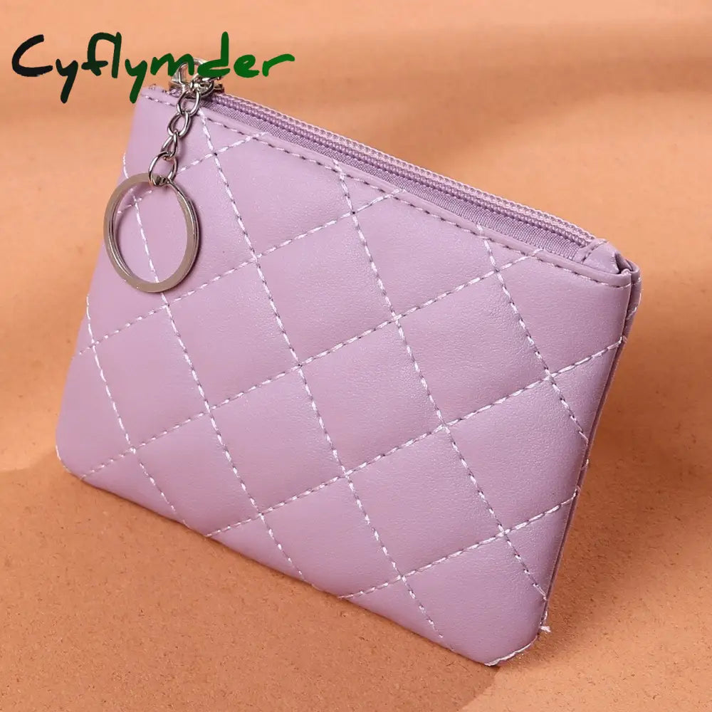 Cyflymder Coin Purse Women Lingge Embroidered Pu Short Mini Zipper Small Wallet Solid Color Card