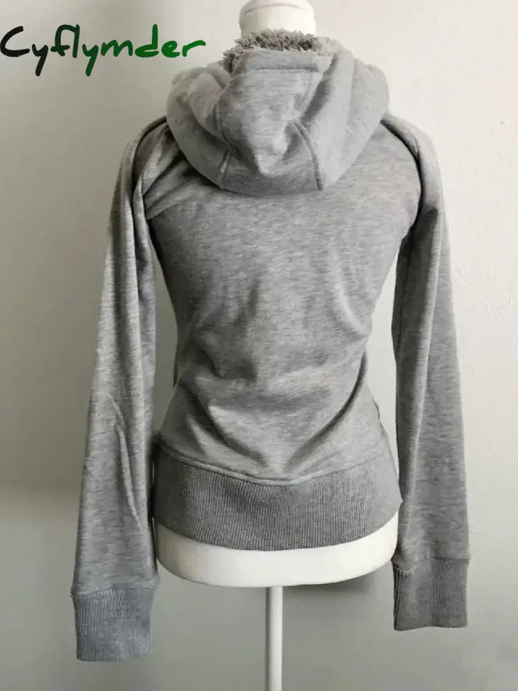 Cyflymder cold weather outfits Grey Faux Fur Wool Double Zipper Jacket Hoodies Women’s Slim Waist Hooded Vintage Y2k