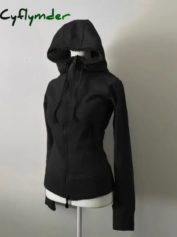 Cyflymder cold weather outfits Grey Faux Fur Wool Double Zipper Jacket Hoodies Women’s Slim Waist Hooded Vintage Y2k