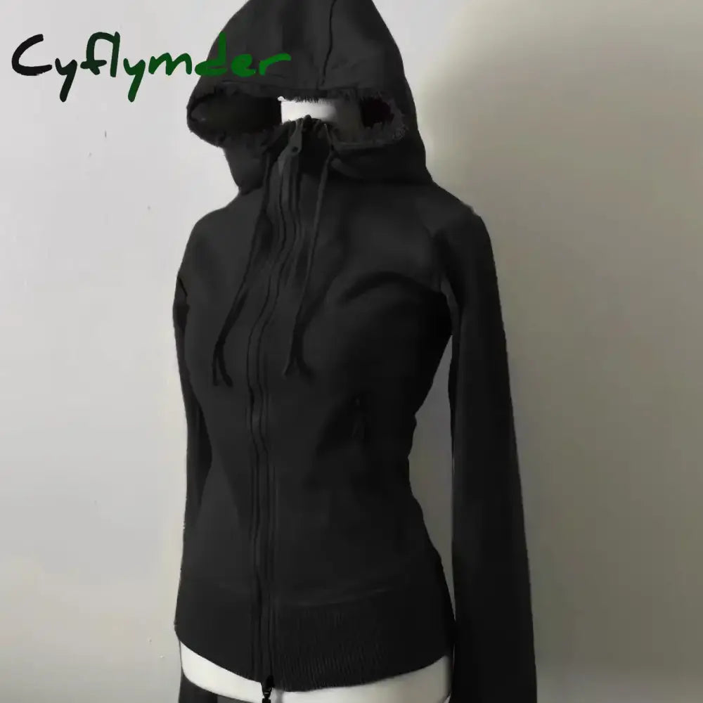 Cyflymder cold weather outfits Grey Faux Fur Wool Double Zipper Jacket Hoodies Women’s Slim Waist Hooded Vintage Y2k