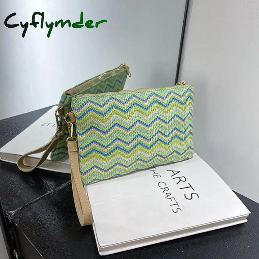 Cyflymder Colorful Wave Straw Woven Bag Women’s Flip Clutch Summer Beach Handbag Hand-Woven