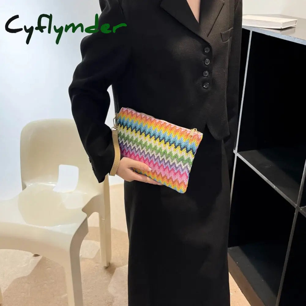 Cyflymder Colorful Wave Straw Woven Bag Women’s Flip Clutch Summer Beach Handbag Hand-Woven