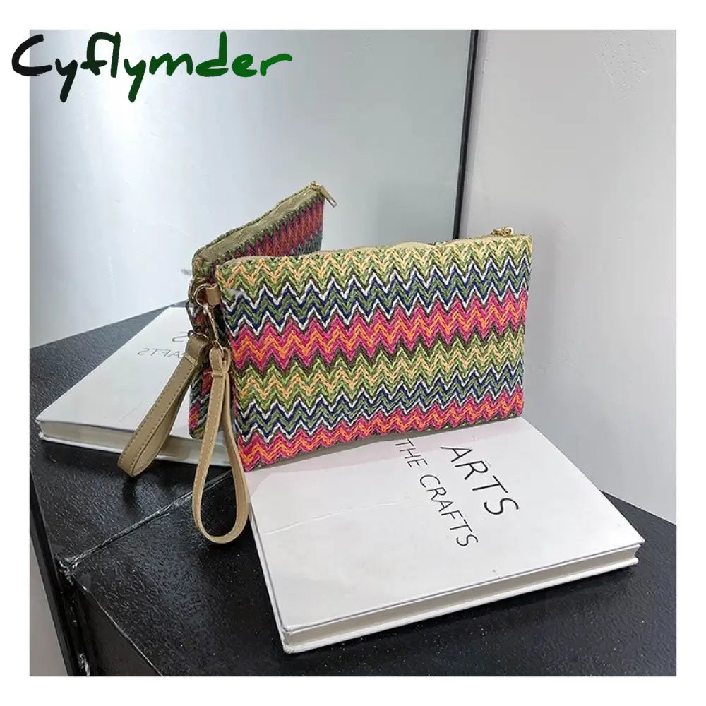 Cyflymder Colorful Wave Straw Woven Bag Women’s Flip Clutch Summer Beach Handbag Hand-Woven