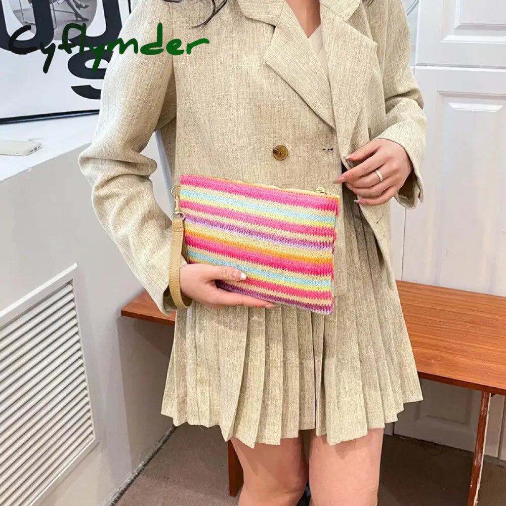 Cyflymder Colorful Wave Straw Woven Bag Women’s Flip Clutch Summer Beach Handbag Hand-Woven