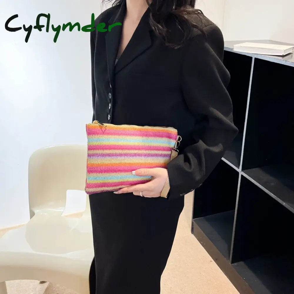 Cyflymder Colorful Wave Straw Woven Bag Women’s Flip Clutch Summer Beach Handbag Hand-Woven