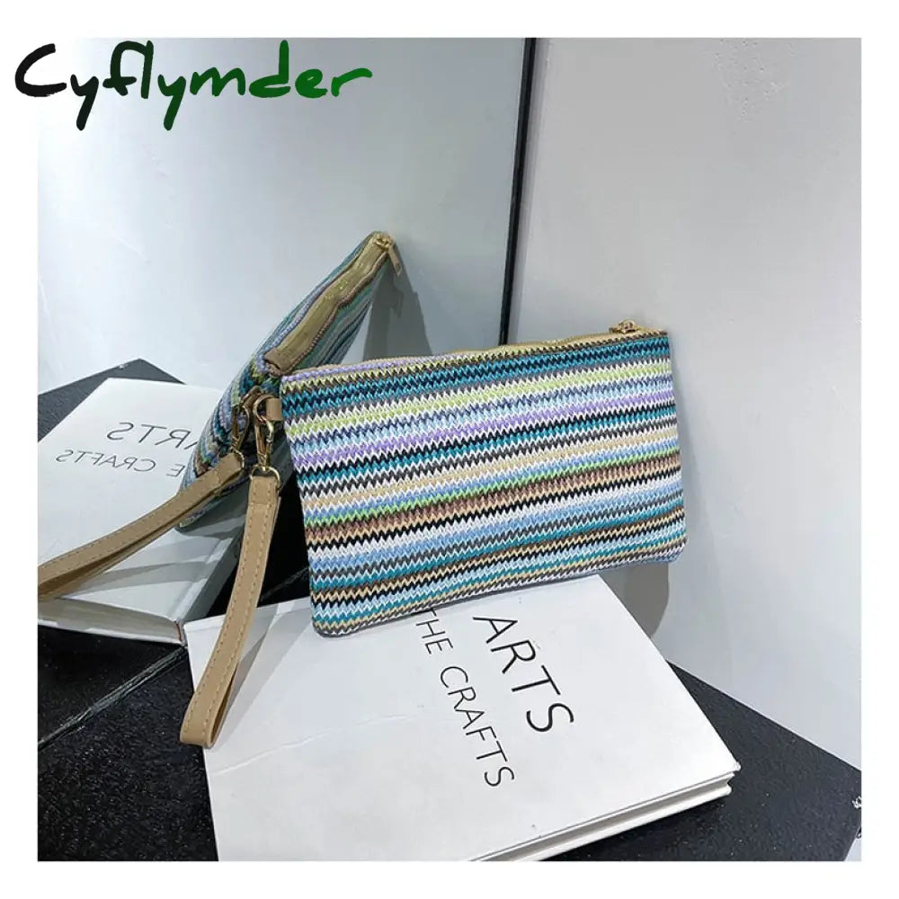 Cyflymder Colorful Wave Straw Woven Bag Women’s Flip Clutch Summer Beach Handbag Hand-Woven