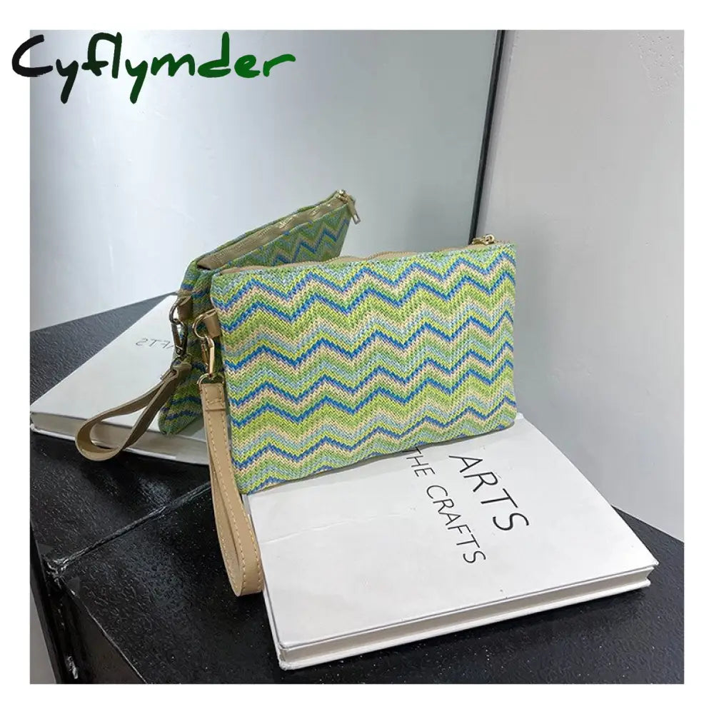 Cyflymder Colorful Wave Straw Woven Bag Women’s Flip Clutch Summer Beach Handbag Hand-Woven