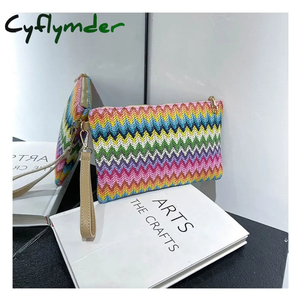 Cyflymder Colorful Wave Straw Woven Bag Women’s Flip Clutch Summer Beach Handbag Hand-Woven