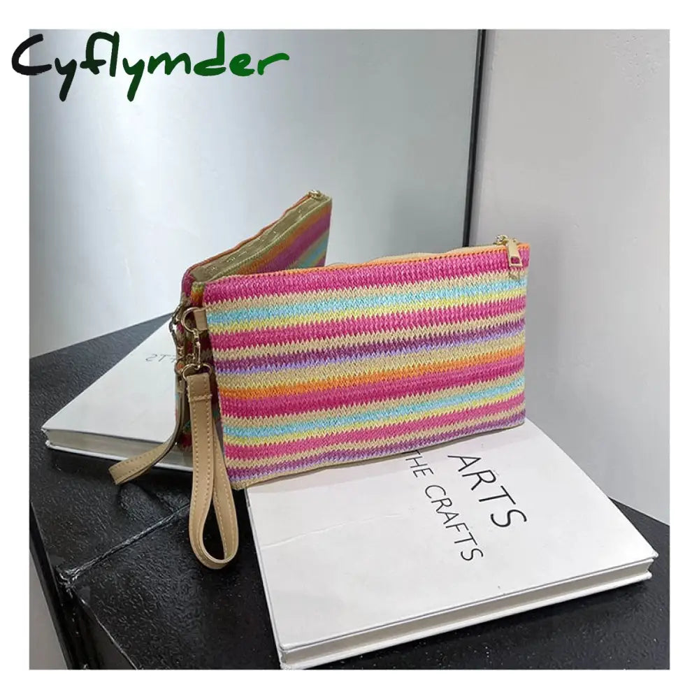 Cyflymder Colorful Wave Straw Woven Bag Women’s Flip Clutch Summer Beach Handbag Hand-Woven