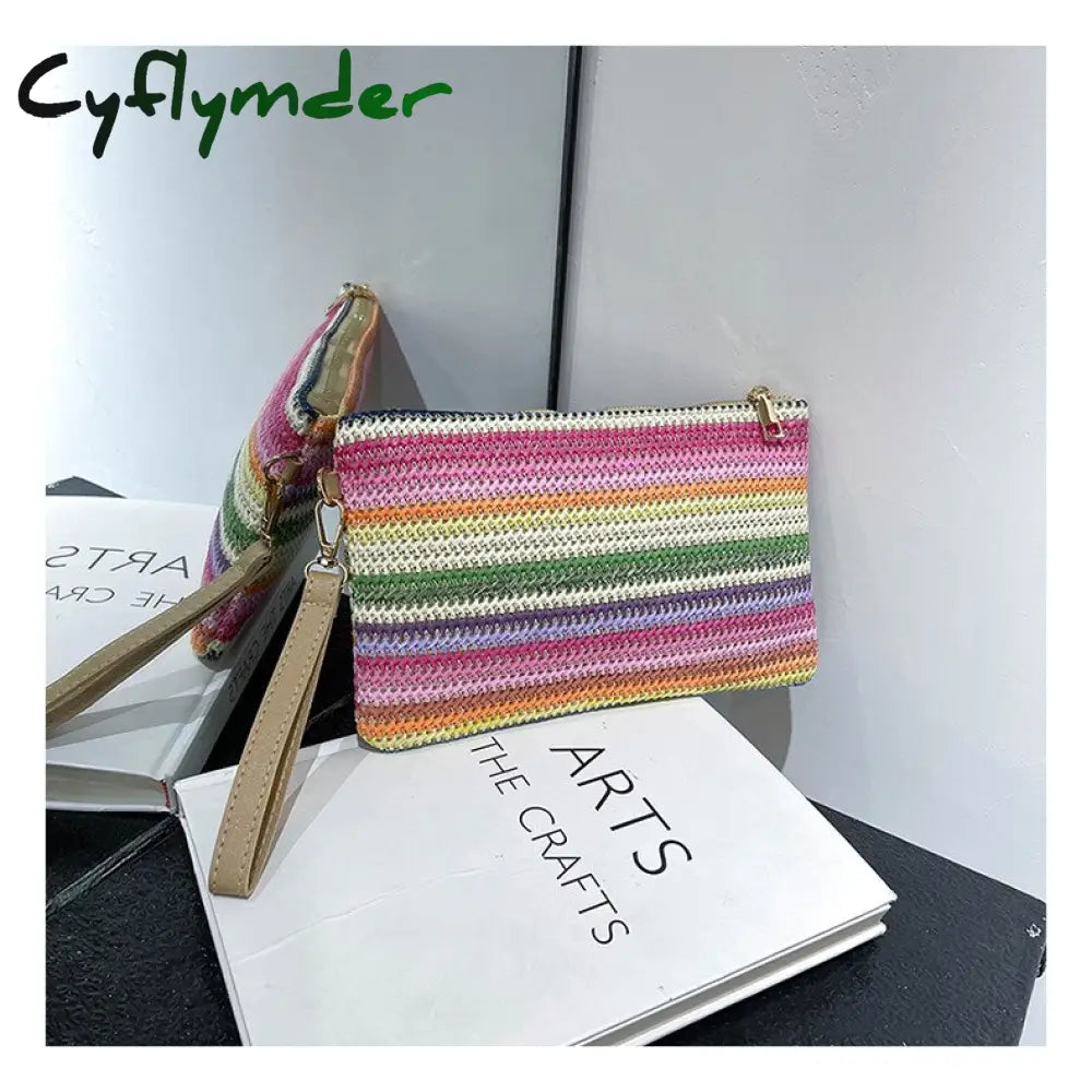 Cyflymder Colorful Wave Straw Woven Bag Women’s Flip Clutch Summer Beach Handbag Hand-Woven