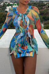 Cyflymder - Colour Casual Print Hollowed Out Frenulum V Neck Long Sleeve Dresses