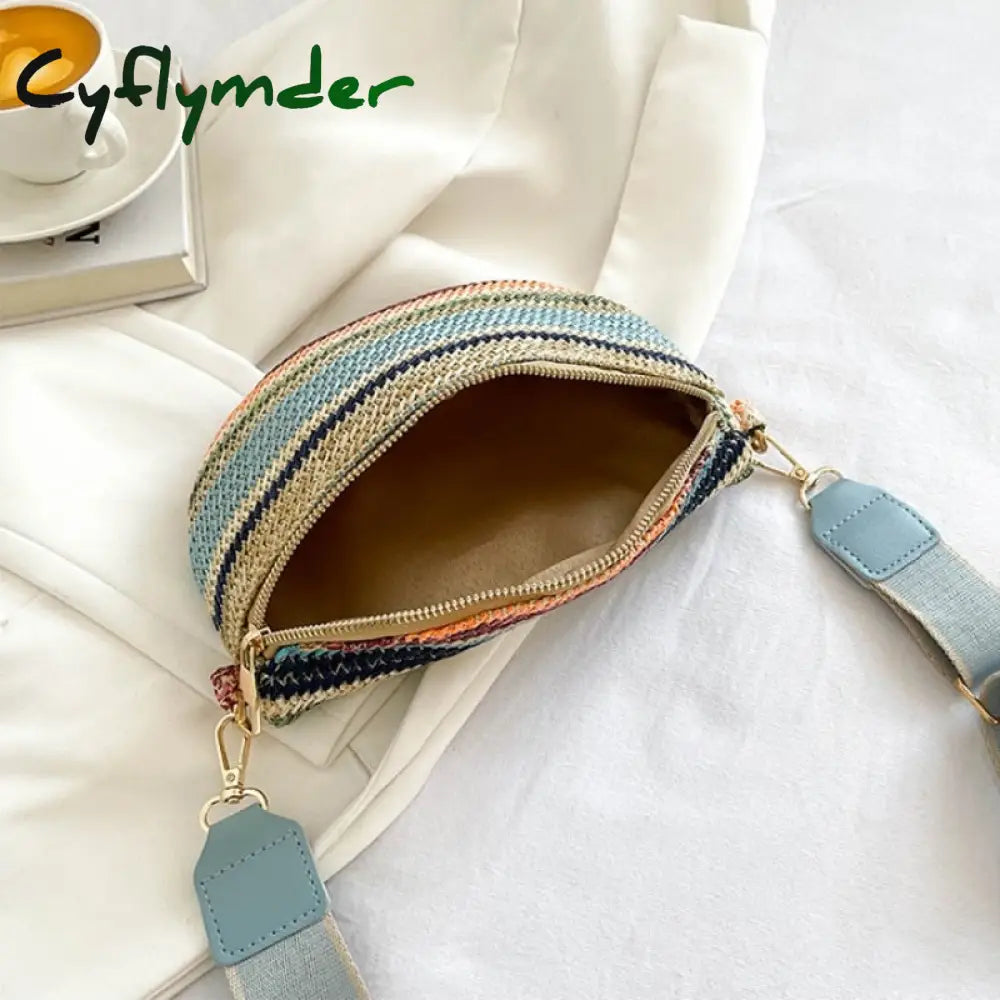 Cyflymder Colourful Stripe Straw Braid Waist Packs For Women Woven Design Bag Lady Casual Travel