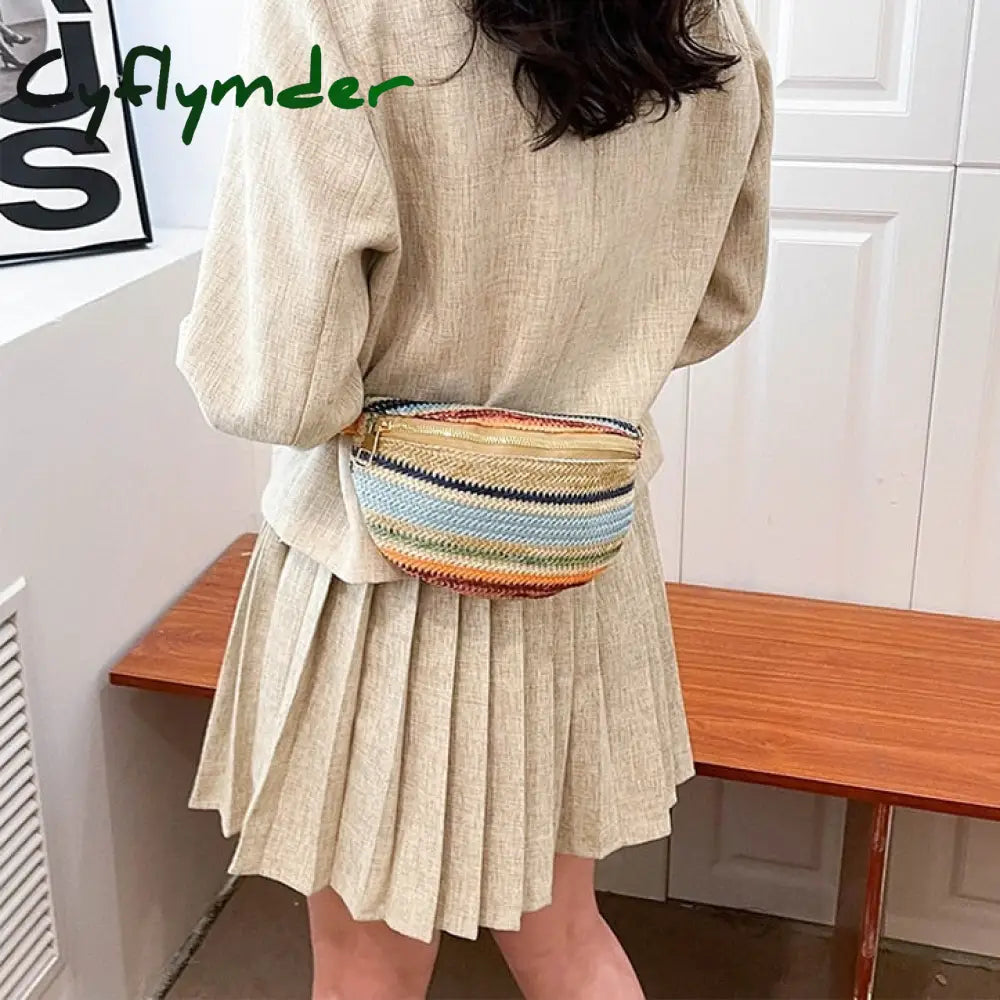 Cyflymder Colourful Stripe Straw Braid Waist Packs For Women Woven Design Bag Lady Casual Travel