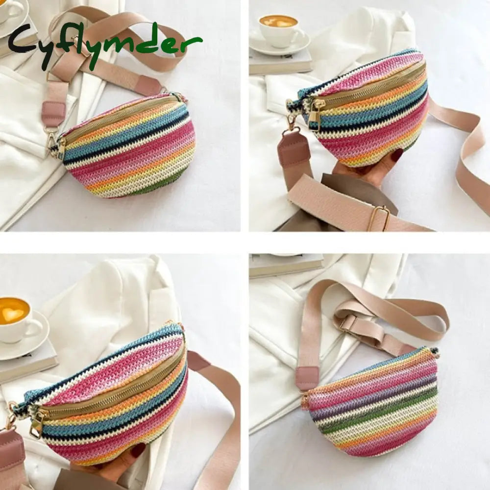 Cyflymder Colourful Stripe Straw Braid Waist Packs For Women Woven Design Bag Lady Casual Travel