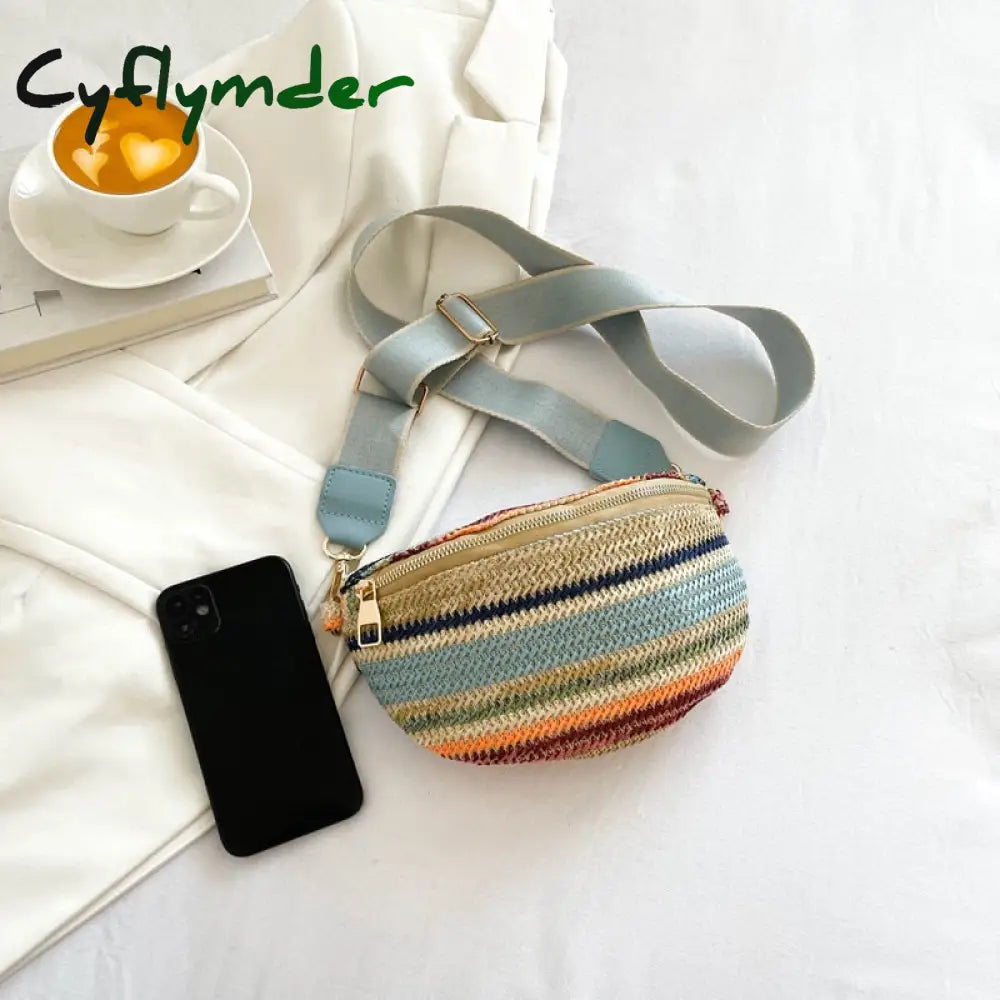 Cyflymder Colourful Stripe Straw Braid Waist Packs For Women Woven Design Bag Lady Casual Travel