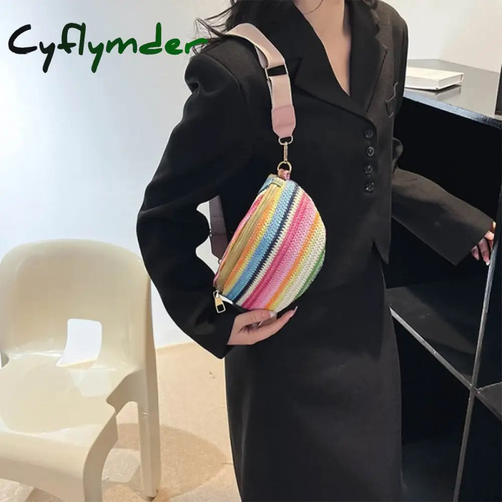 Cyflymder Colourful Stripe Straw Braid Waist Packs For Women Woven Design Bag Lady Casual Travel