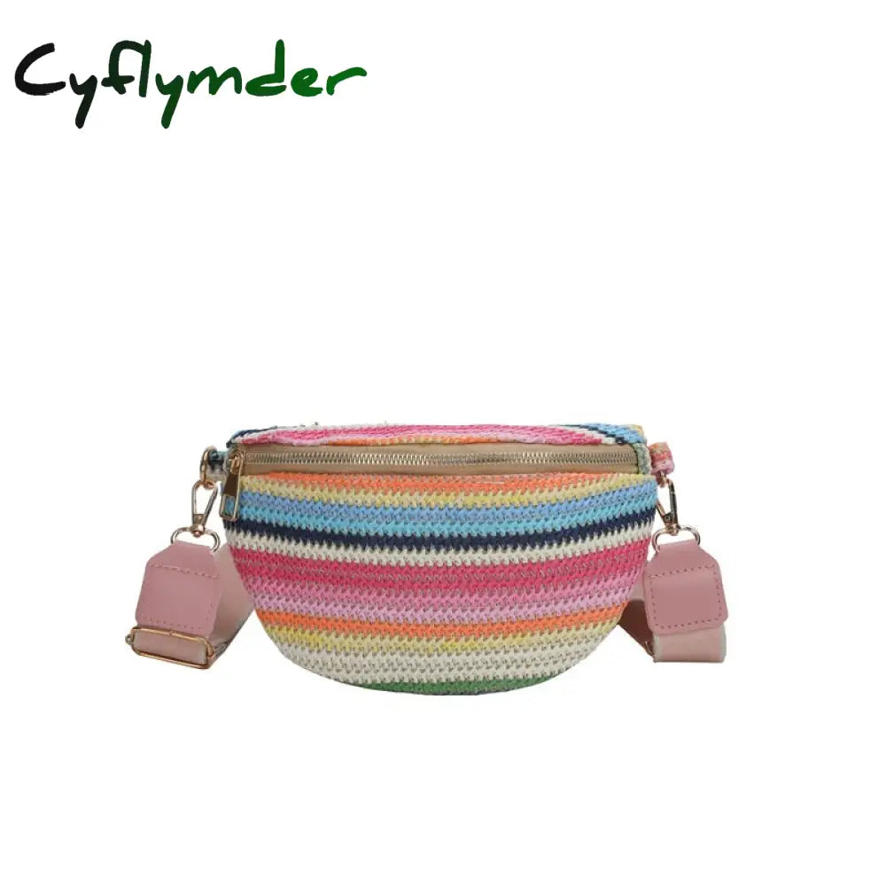 Cyflymder Colourful Stripe Straw Braid Waist Packs For Women Woven Design Bag Lady Casual Travel