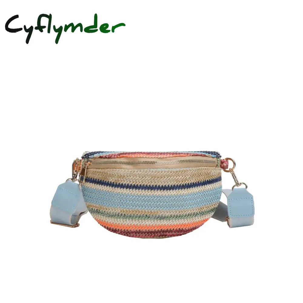 Cyflymder Colourful Stripe Straw Braid Waist Packs For Women Woven Design Bag Lady Casual Travel